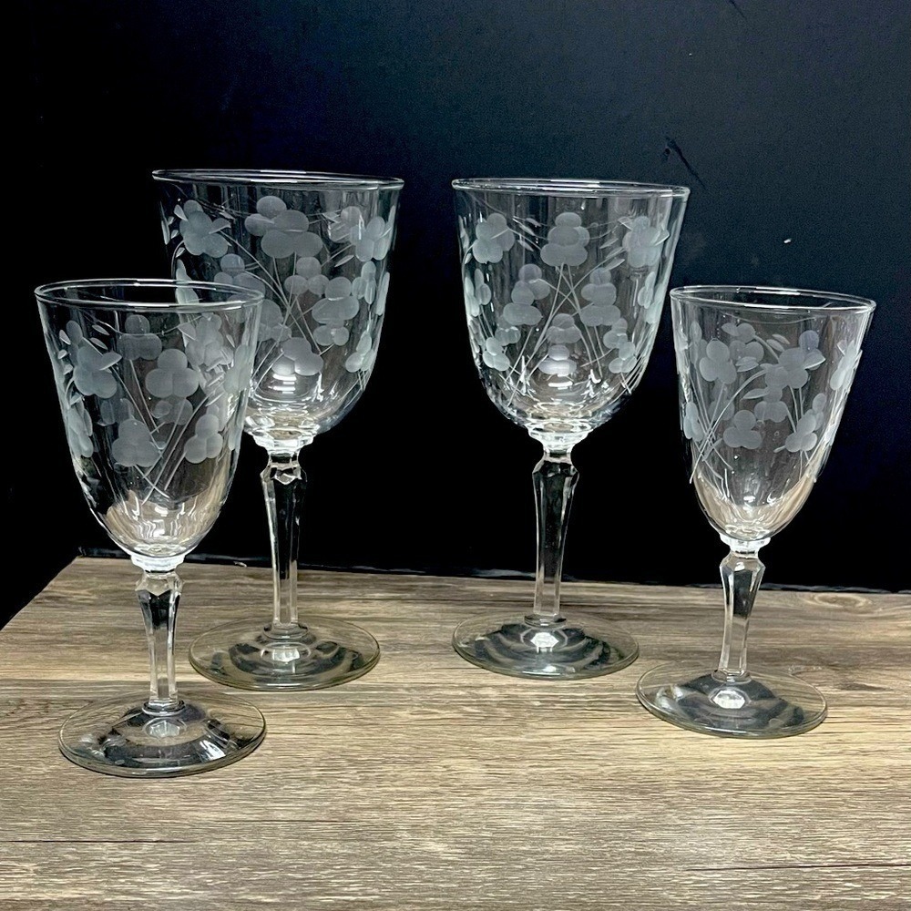 Libbey Rock Sharpe Jenny Etched Stemware Set of 4 Water &‎ Claret Glasses